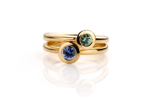 geelgouden Ringen met groene en blauwe saffier