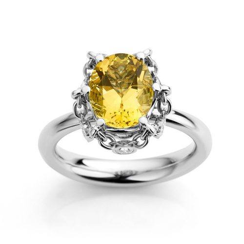 Ring gemaakt van platina met goudberyl en diamanten